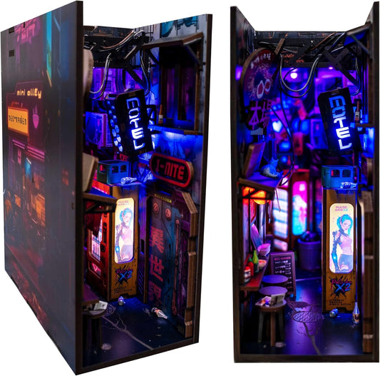 Neo Ramen MiniAlley DIY Cyberpunk Book Nook Kit – Wooden Diorama with Neon Lights, Futuristic Ramen Shop & Endless Alley Illusion – Unique Collectible Display for Bookshelf or Desk