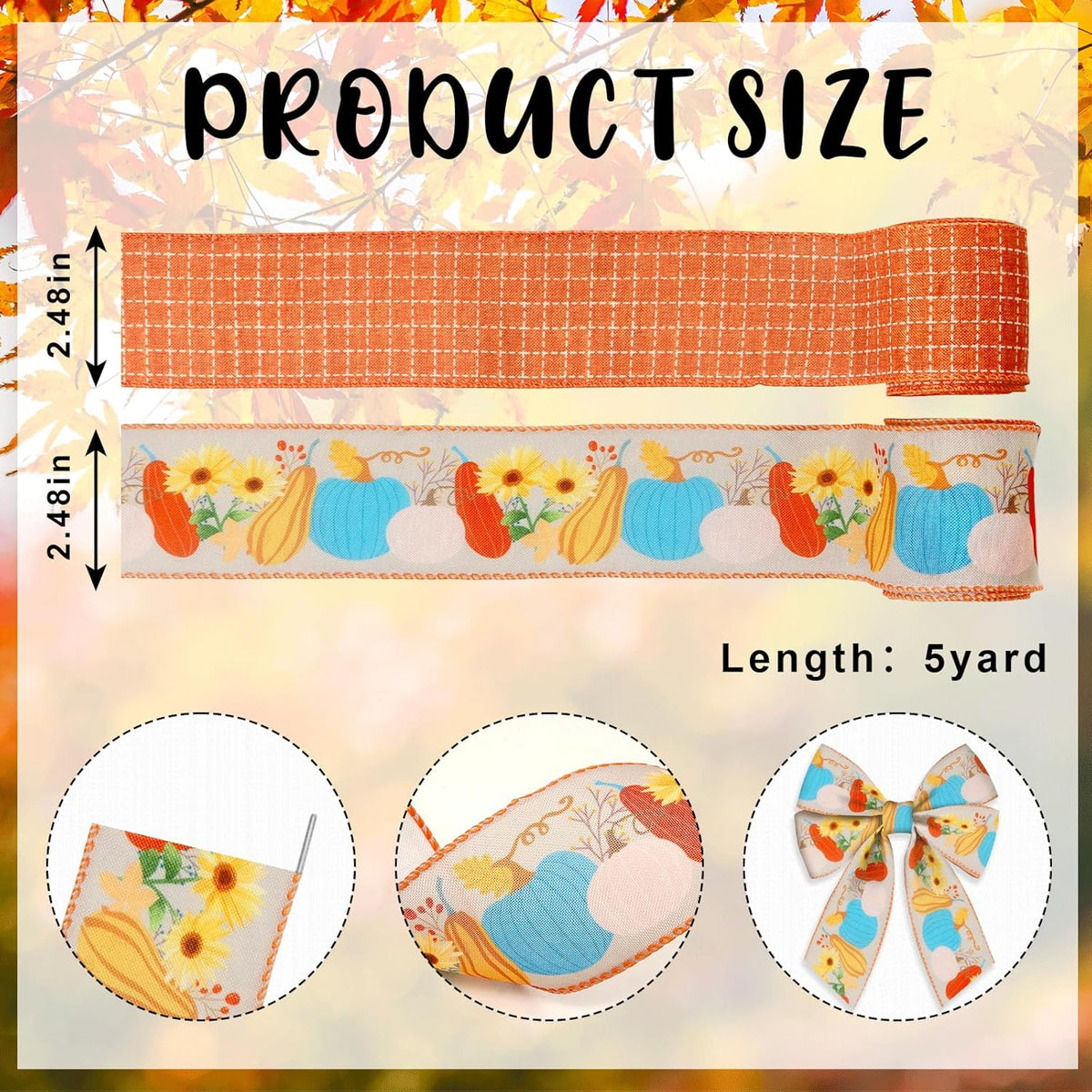 2 Rolls Fall Pumpkins Leaves Ribbons for Bows, Thanksgiving Wired Edge Ribbon Orange Buffalo Plaid Burlap Ribbons for Gift Wrapping Autumn Thanksgiving Decoration Supplies
