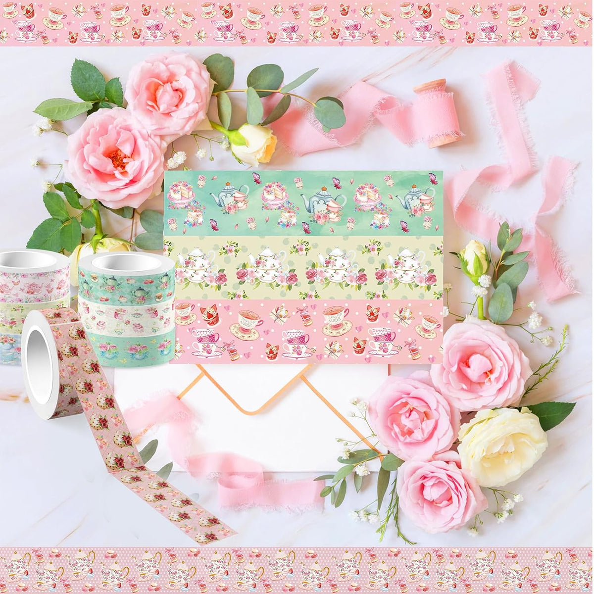 12 Rolls Tea Party Washi Tape, Afternoon Tea Decorative Tape for Scrapbooking, Bullet Journals, Planners, Party Decorations, DIY Crafts, Gift Wrapping, 16.4FT