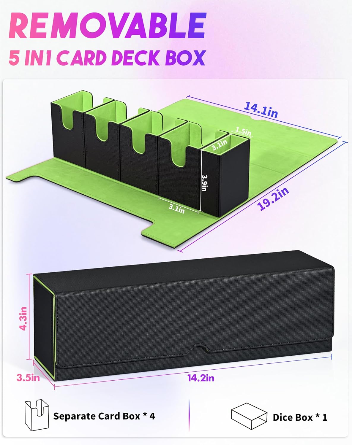 Card Deck Box with Dice Tray for MTG, 5 in 1 Card Deck Case Holds 800+ Unsleeved Cards, Strong Magnet Organizer Compatible with Yugioh TCG Sports (Black Green)