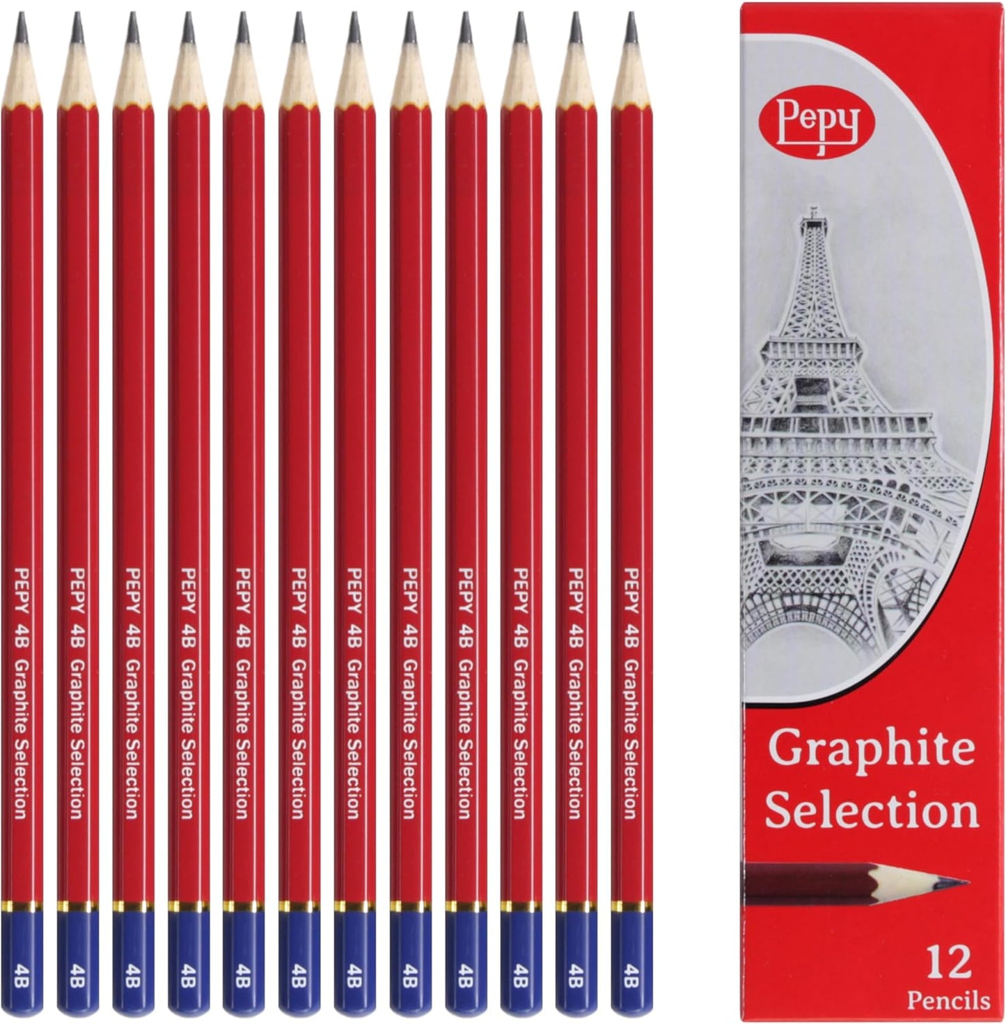 Pepy Graphite Professional Drawing Pencils - Set of 12 4B Pre-Sharpened Black Lead Pencils; Perfect for Drawing, Sketching and Shading, Graphic and Fine Art