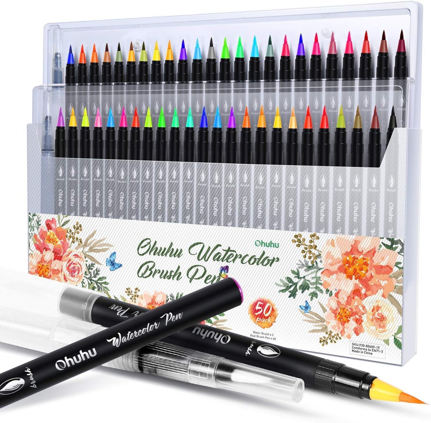 Professional Watercolor Brush Markers Pen 48 Colors of Ohuhu, Water Based Drawing Marker Brushes W/A Blending Aqua Pen, Water Soluble for Adult Coloring Books Comic Calligraphy
