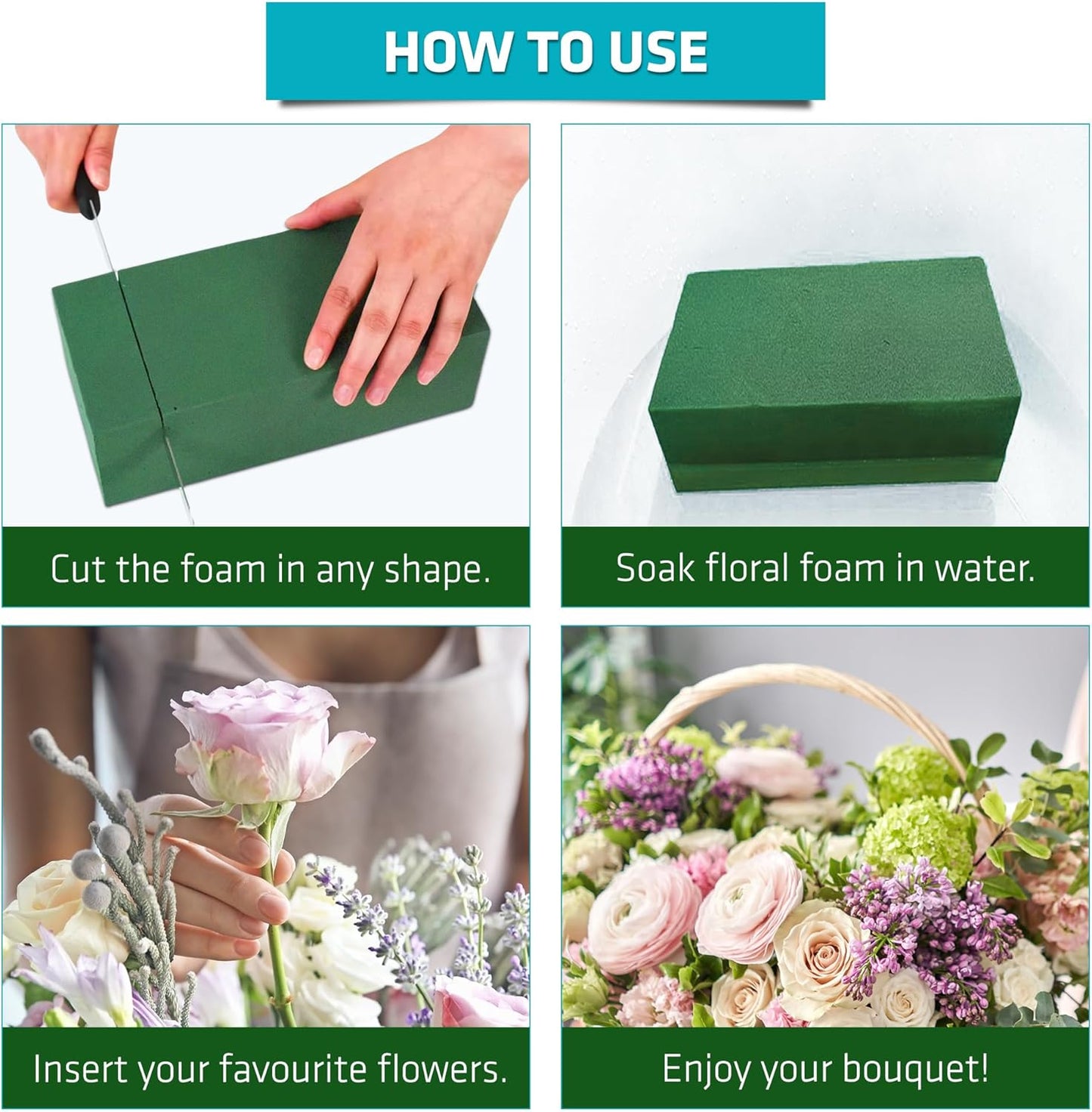 FLORABELS 6 PCS Wet Floral Foam Blocks for Fresh Flowers, Each (9"L x 4.1"W x 2.7"H)Green Foam for Flower Arrangements, Florist Foam Bricks for Weddings, Birthdays Gifts, Flower Foam Blocks for Crafts