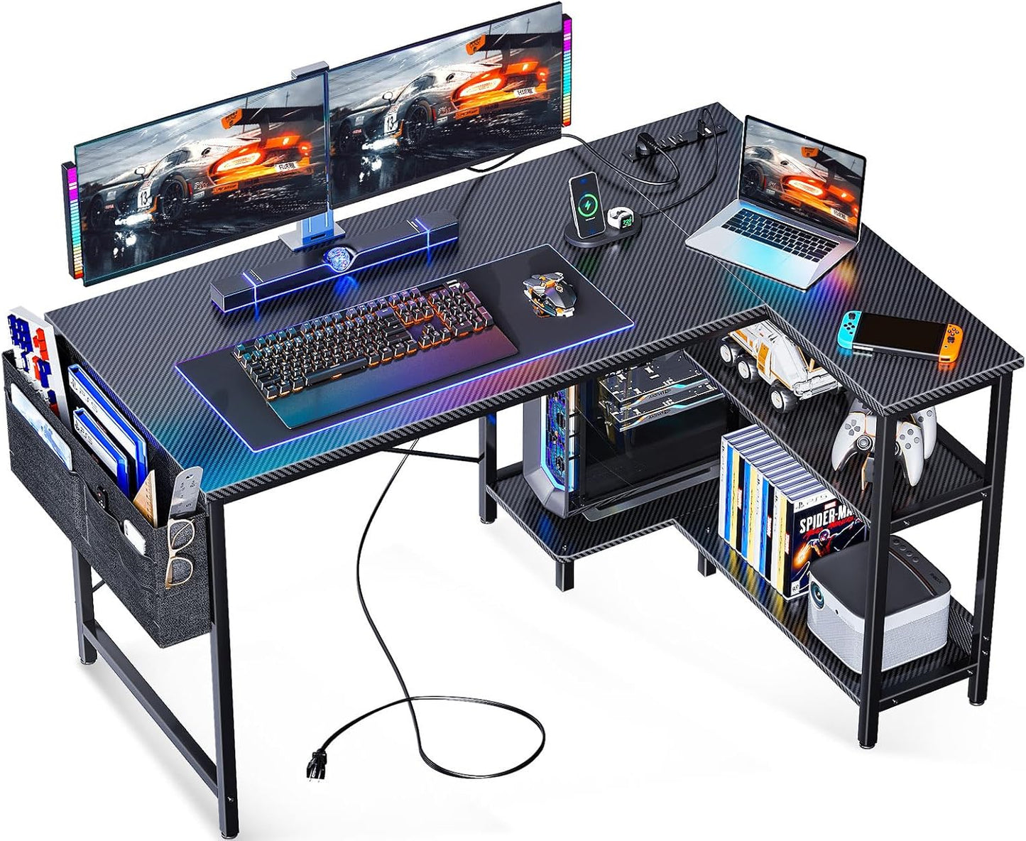 ODK 48 Inch Small L Shaped Gaming Computer Desk with Power Outlets, Corner Desk with Reversible Storage Shelves & PC Stand for Small Space, Modern Simple Home Office Table, Carbon Fiber Surface, Black