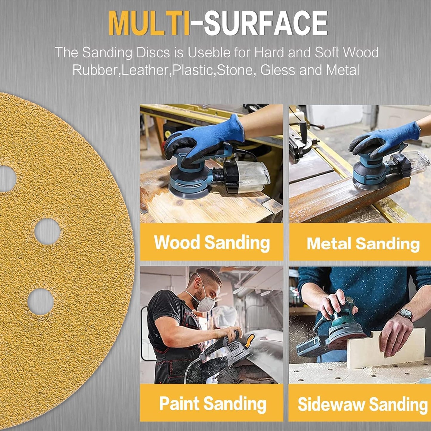 110PCS 5 Inch 8 Hole Sanding Discs,Gold Round Hook and Loop Sandpaper for Random Orbital Sander(60 80 100 120 150 180 240 320 400 600 800 Mix Grit)
