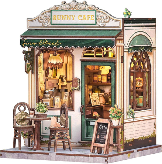 Fsolis Book Nook Kit - DIY Scene Miniature Dollhouse Kit for Adults Bookshelf Puzzle Tiny House Mini Craft Coffee Shop Model Bookshelf Decor Gifts for Women Book Lovers Puzzle Beginners (Sunny Cafe)