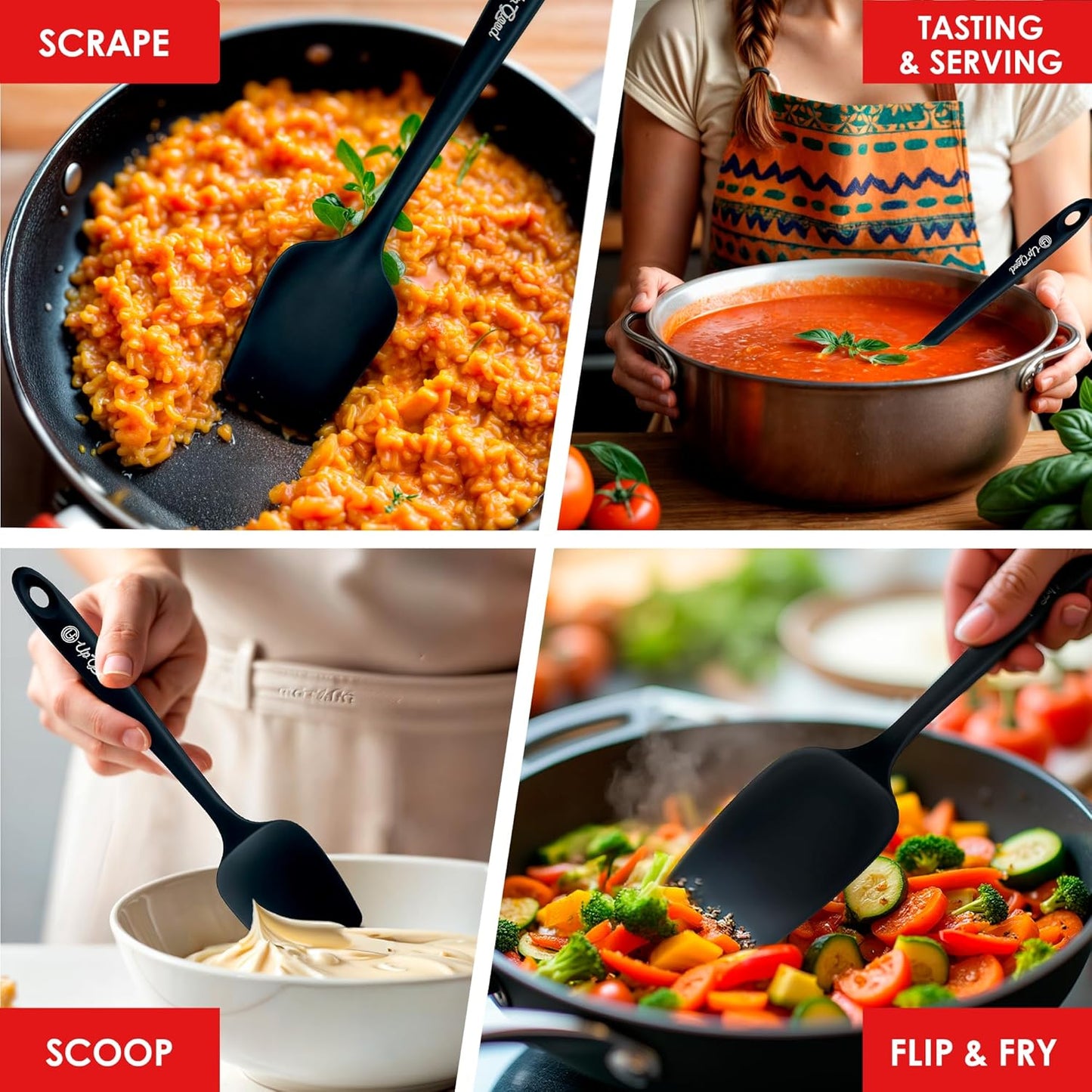 Silicone Spoon Spatula - 600ºF Heat-Resistant Non-Stick Rubber Spoonula | Use as Silicone Kitchen Scraper Utensil - Baking and Cooking Strong Stainless Steel Core | UpGood Kitchen Utensils, (Black)