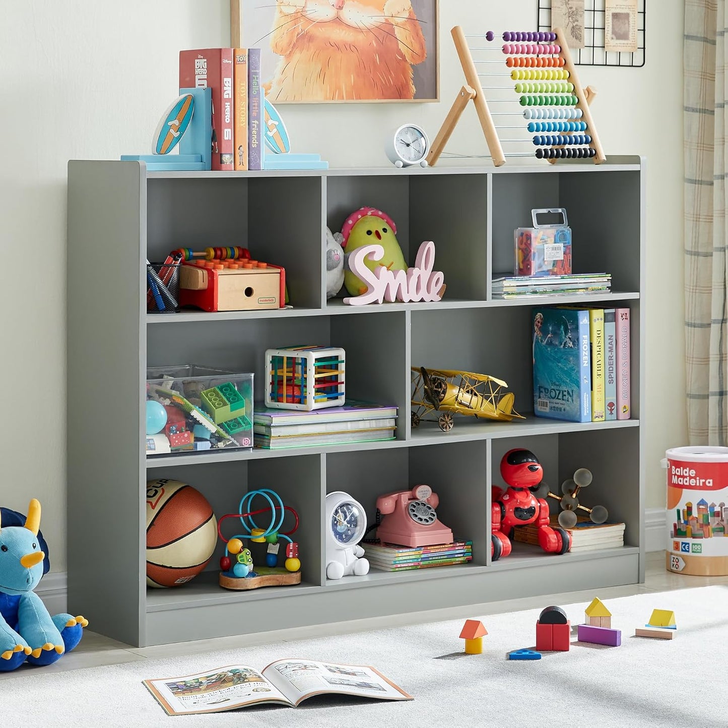 3-Tier Bookshelf, 8-Section Wooden Bookcase, Storage Organizer with Anti-Tilt Device, Modern Storage Display Cabinet for Living Room, Classroom, Kid’s Room (Grey)
