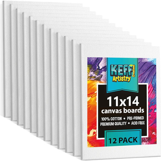 KEFF 12-Pack Bulk Canvas Boards - 11x14, Primed 100% Cotton for Acrylic, Oil, Watercolor, Tempera - Art Supplies for Adults & Kids