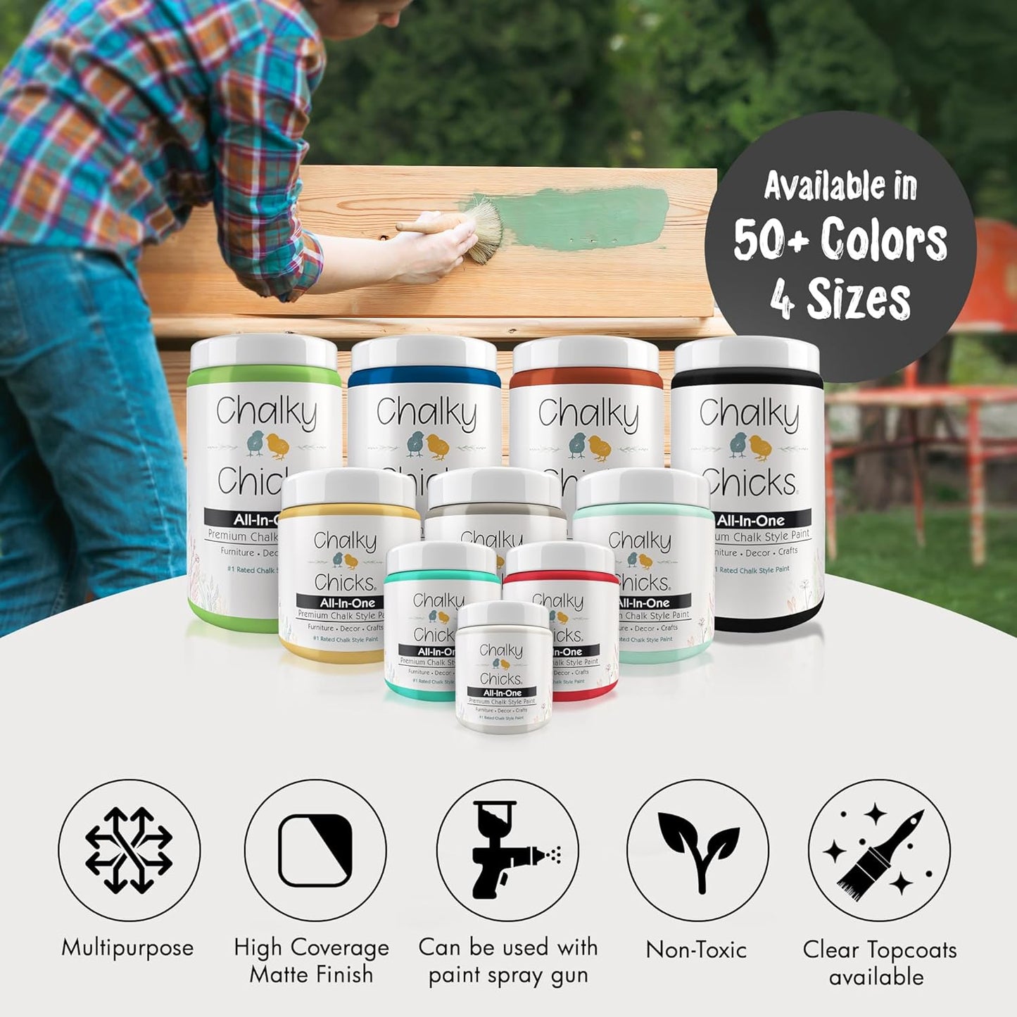Chalky Chicks All-in-One Chalk Paint for Furniture or Cabinet -8Fl Oz -Matte Finish Gun Metal Gray (Dark Gray) for Metal, Wood Furniture Paint - No Sanding All-in-One for Home Decor & Crafts, USA Made