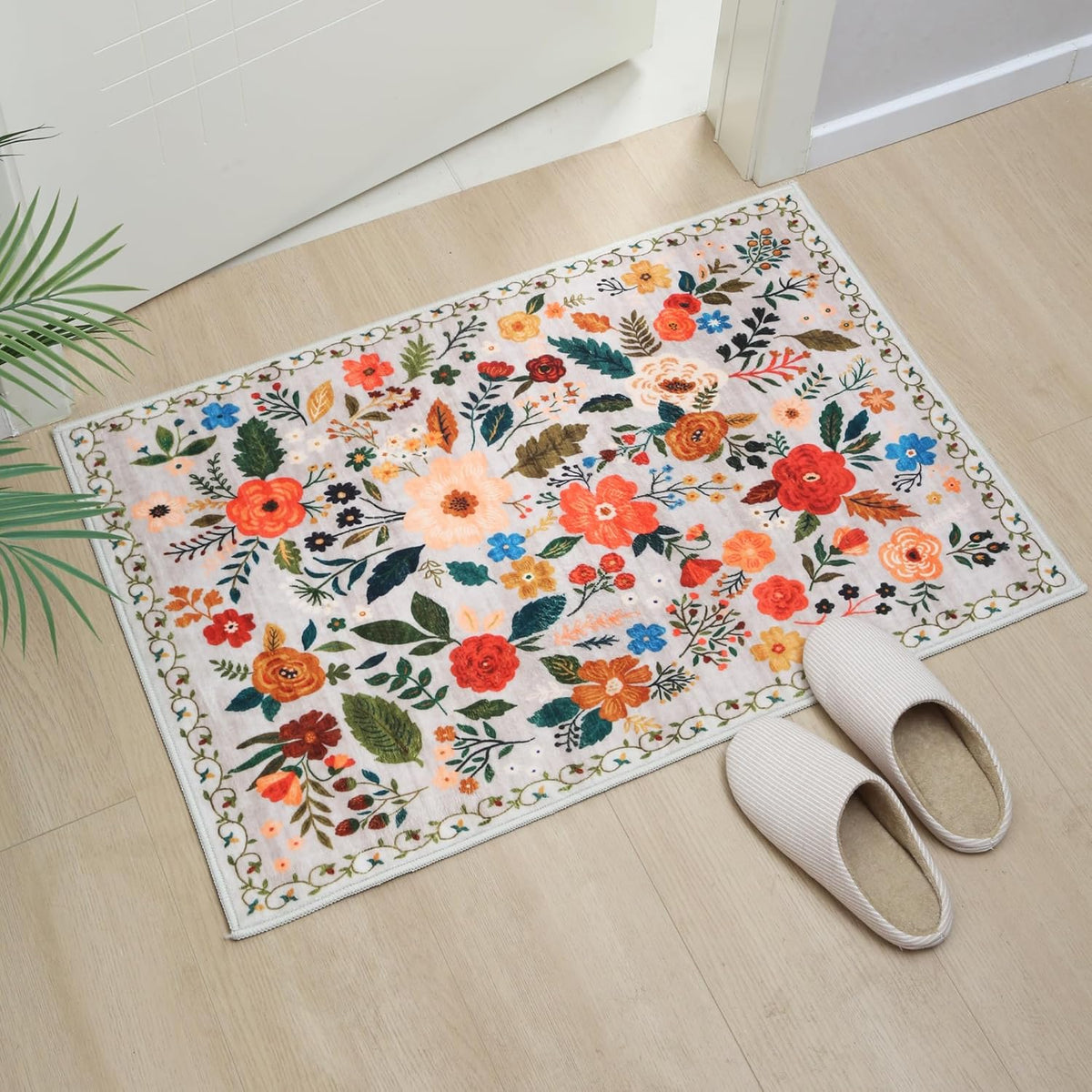 Rugcomf Door Mat Indoor Entrance 2x3 Rug Machine Washable Boho Floral Small Area Rug Non-Slip Low Pile Throw Rugs for Entryway, Kitchen, Front Door Indoor Entrance, Entry, Kids Room (Beige)