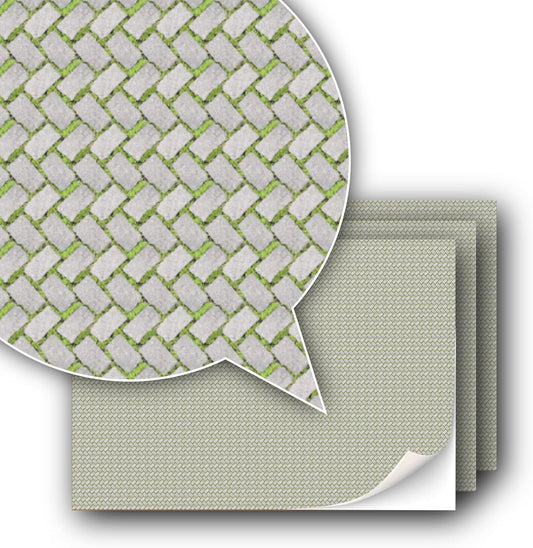 3 Sheets Self-Adhesive Decorative Film Paving Stones and Surfaces for Model Making in Scale 1:87 Scale H0 (UK: 3.5 mm Scale) (Paving Stones with Moss)