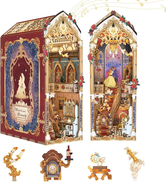 Tonecheer DIY Book Nook Kit for Adults, 3D Wooden Puzzle Music Booknook Miniature Dollhouse, Fairy Tale Bookend Bookshelf Decor with Dust Cover and LED Lights Gifts (Beast‌ and Beauty)