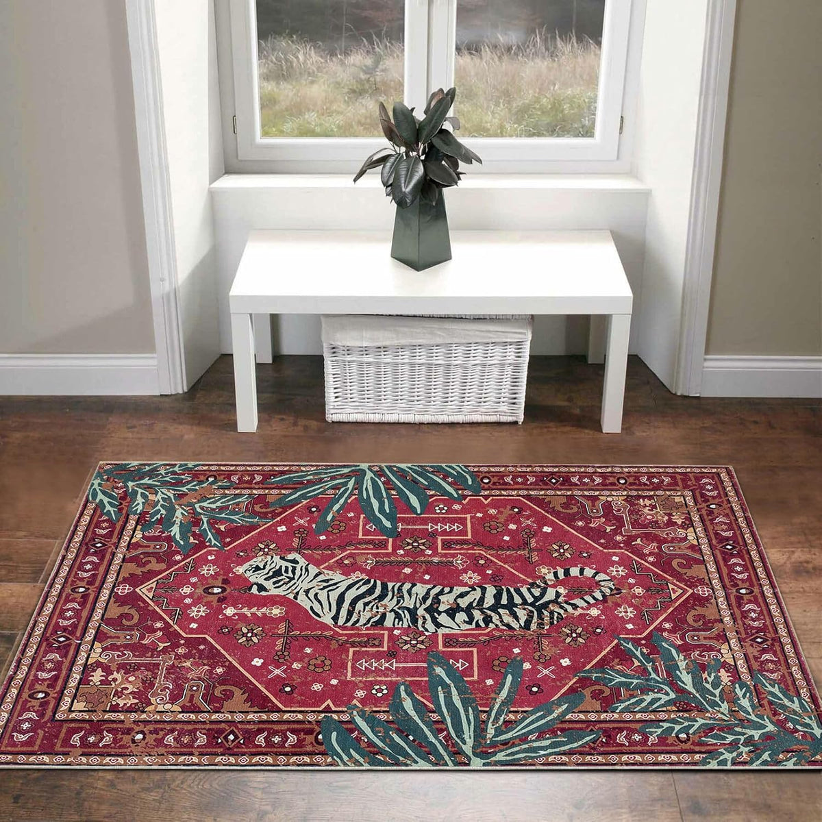 Vintage Tribal Faux Wool Red Boho Throw Rugs - 2x3, Non-Slip, Washable for Bathroom, Kitchen, Indoor, Entryway, Modern, Distressed, Tribal, Indian Accent Floor Mat