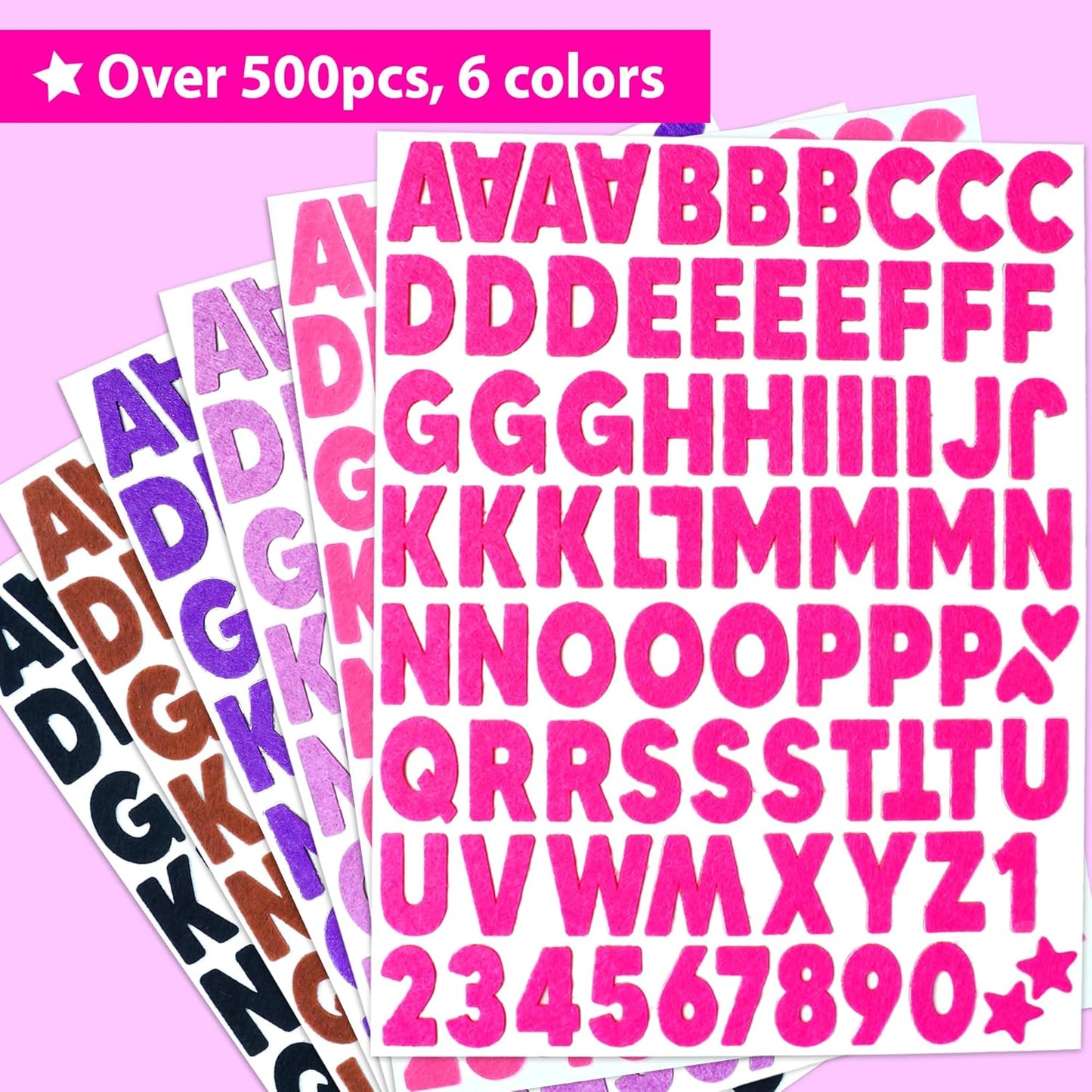 KRAFUN Black and Pink Felt Sticker Kit for Beginner Young Girls and Kids Arts & Crafts, Pack of 500+ Assorted Scrapbook Stickers Alphabets, Numbers, Fun Shapes, Preschool, Children Early Learning