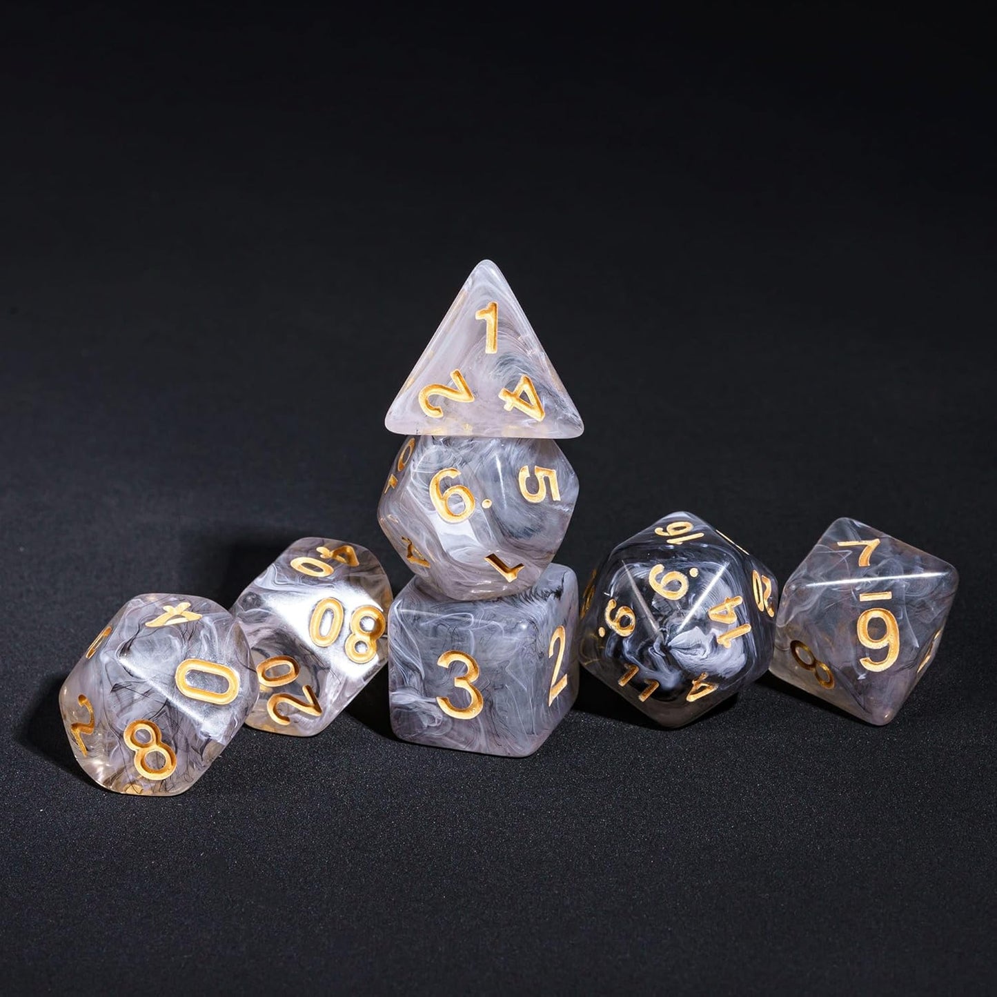 7-Die DND Dice Set Polyhedral Dice Set with a Leather Dice Bag, D&D Dice Set for RPG Table Games (Transparent Black Mix White)
