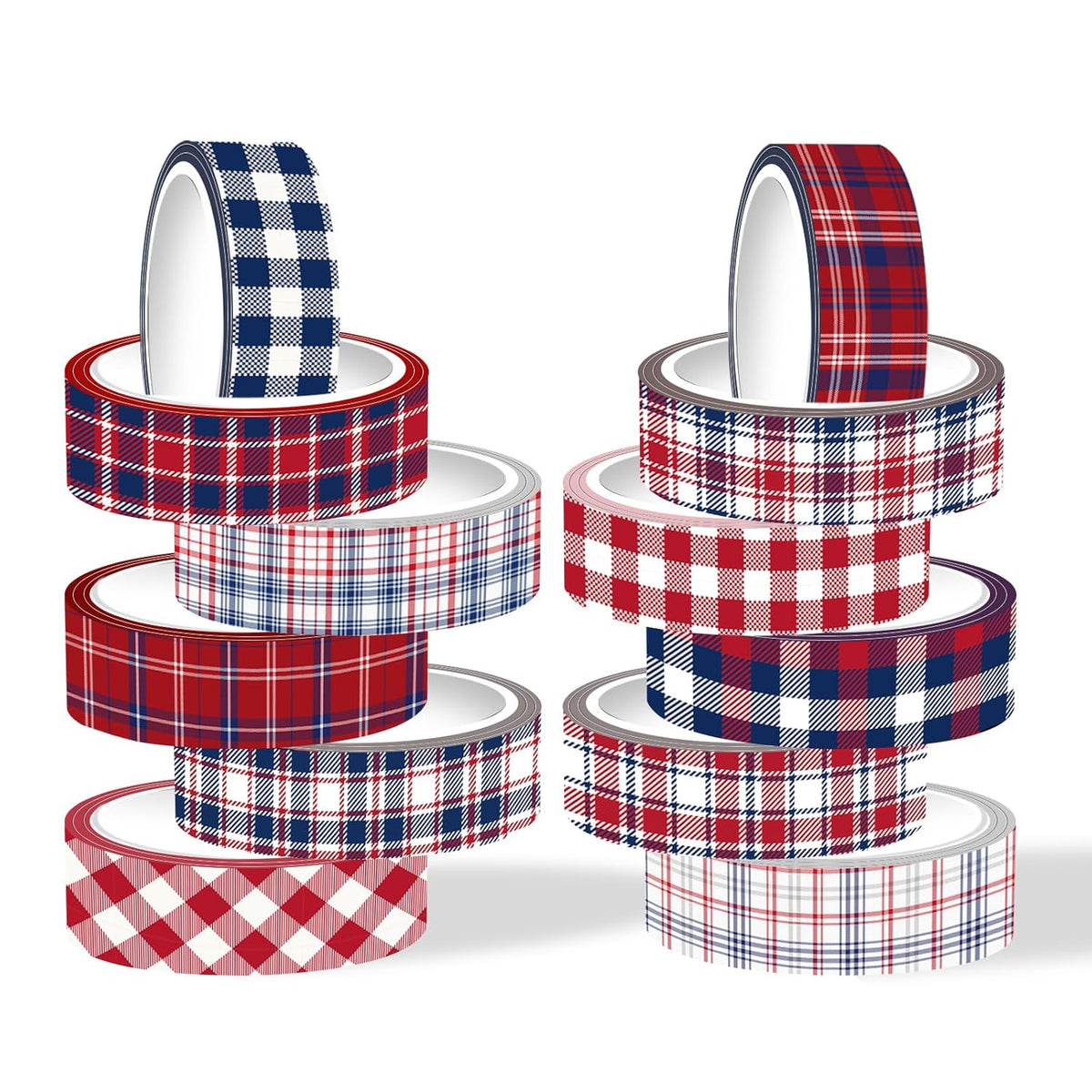 12 Rolls Basic Grid Washi Tape Set, Red Blue White Plaids Decorative Paper Stickers for Thanksgiving Christmas Independence Day Scrapbook Journaling DIY Art Crafts Gift Wrapping 16.4FT
