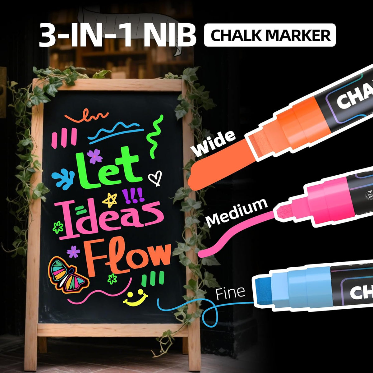 WUO Window Chalk Markers,12 Colors Car Markers,10mm 3-In-1 Jumbo Wide Nib, Dust-Free & Non-Toxic - Erasable Blackboards Marker For Rock Painting, Poster, Stone, Ceramic, Glass