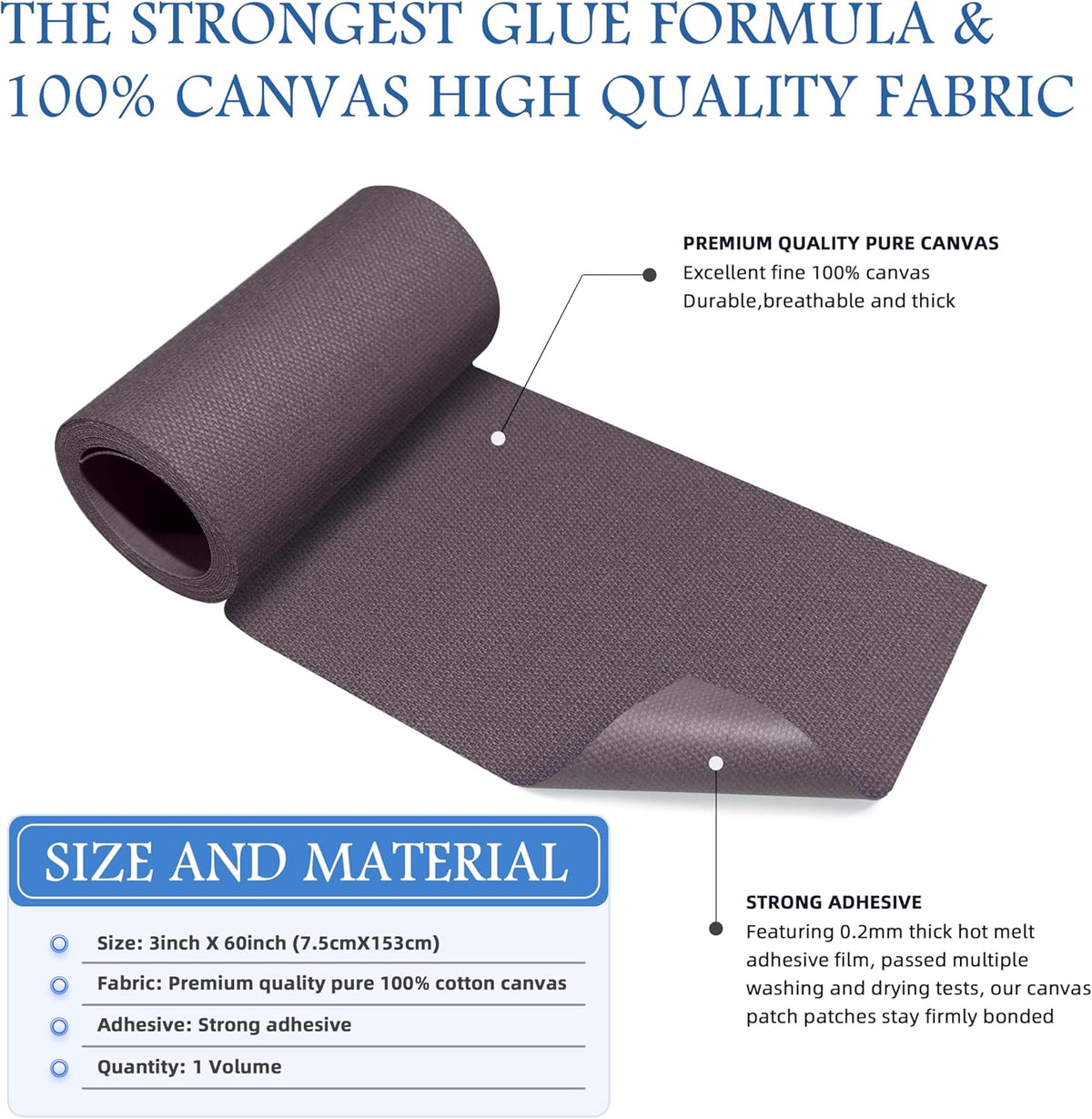 KING MOUNTAIN Canvas Iron on Patch,3"×60",Waterproof 100% Cotton Fabric Repair Patch,Used for Various Sofa,Tent,Clothes,Seats,Suitcases (Dark Grey)