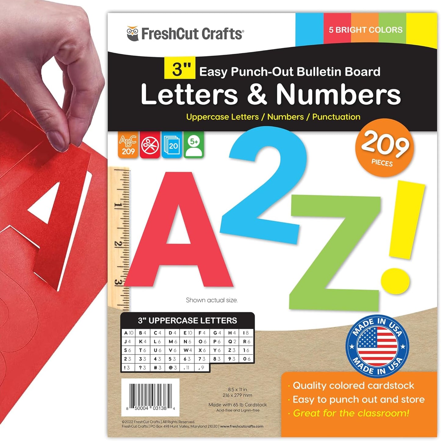 209 Pcs 3" Bright Bulletin Board Letters & Numbers, Capital, Numbers, Punctuation, US Made Card Stock Punch Out Letters for Poster, Bulletin Board, Classroom - Precut