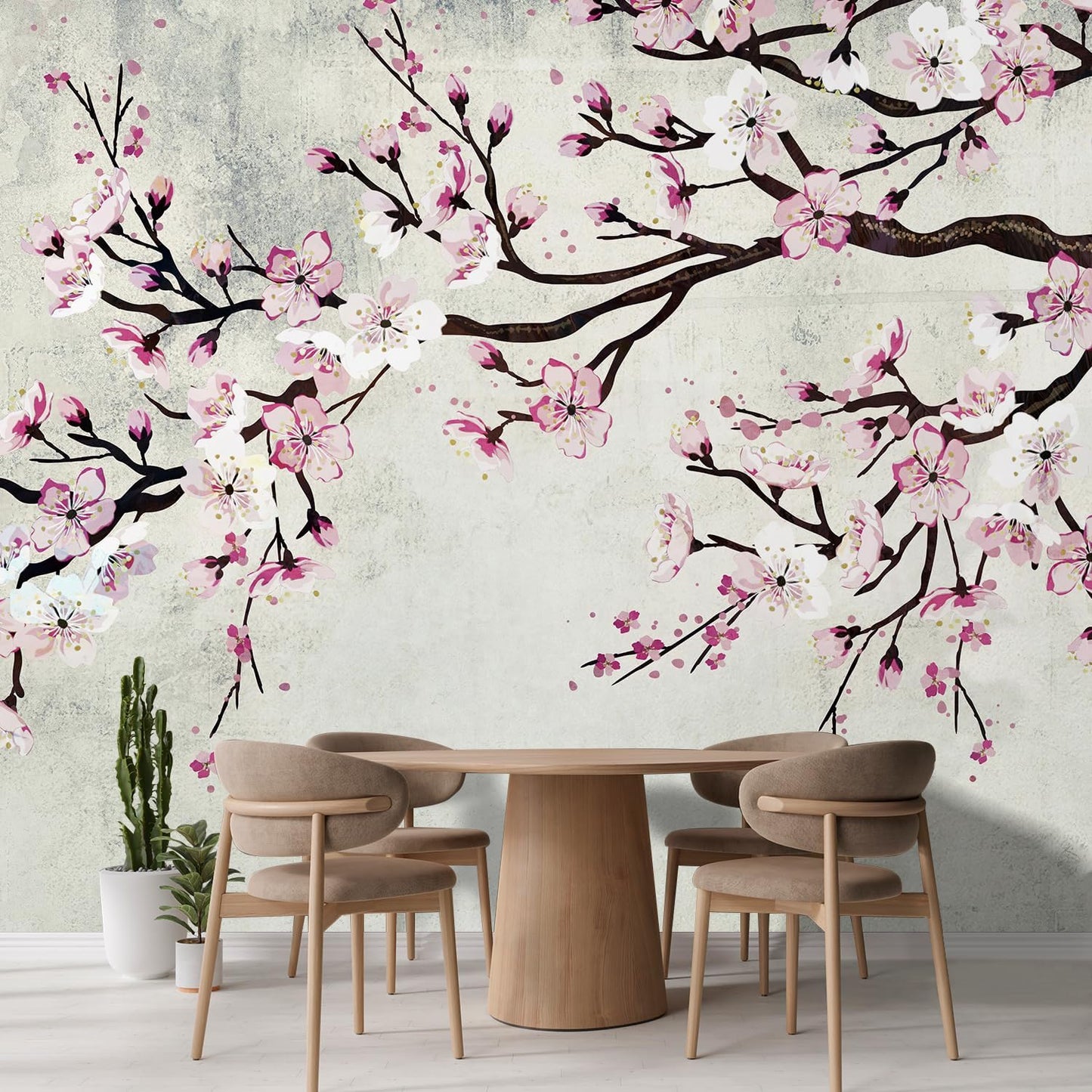 wall26 Large Wall Mural Watercolor Style Ink Painting Pink Cherry Blossom on Vintage Wall Background | Self-Adhesive Vinyl Wallpaper/Removable Modern Wall Decor - 132x144 inches