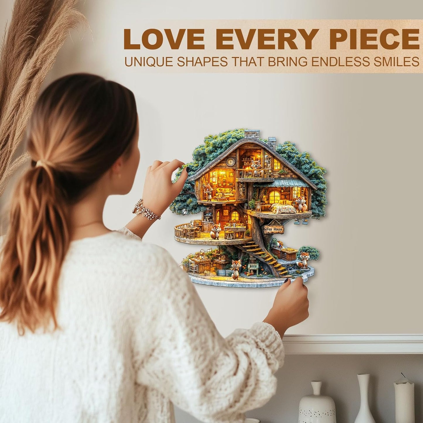 WOODBESTS Wooden Puzzles for Adults (270 Piece, L, 13.4 * 13.4in) Fox House Wood Puzzle Adult, Unique Wooden Animal Jigsaw Puzzles, Family Game and Birthday Gifts for Friend