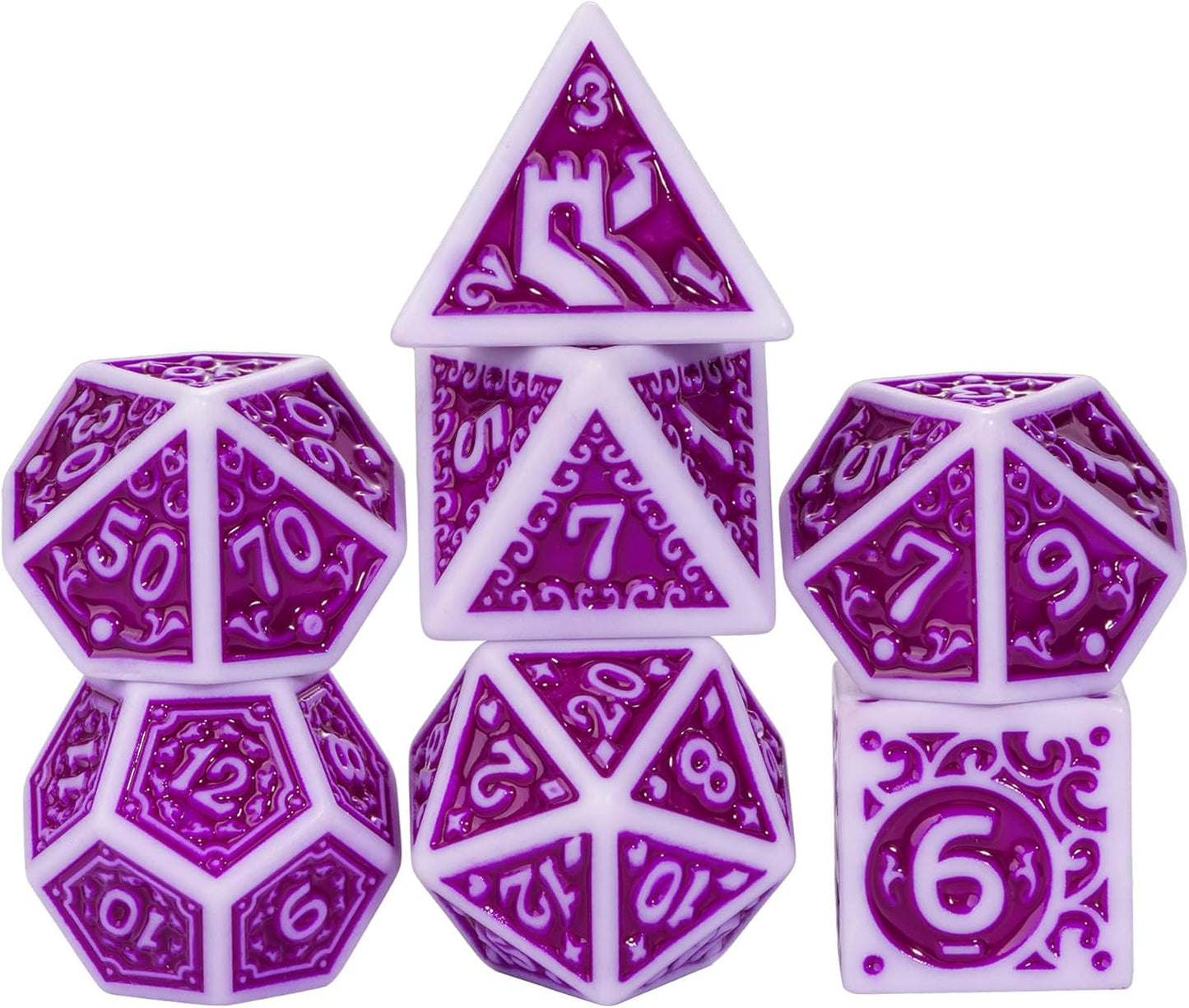 7-Die DND Dice Set New Pattern Polyhedral Dice Set with Leather Bag D&D Die for RPG Table Games(White Purple)