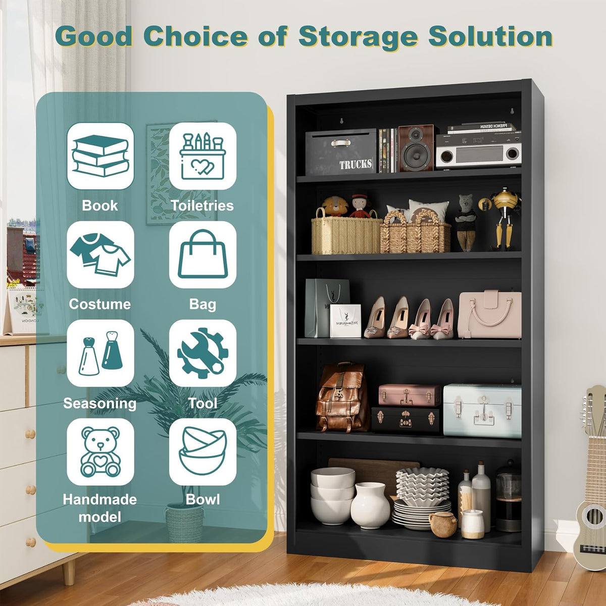 Heavy-Duty Metal Open Storage Cabinet with Adjustable Shelves, 5-Tier Shelving Unit, Easy Assembly Freestanding Organizer for Garage, Pantry,Office, Living Room (Black, 5 Tier-55"H x 27.6"W x 11.8"D)