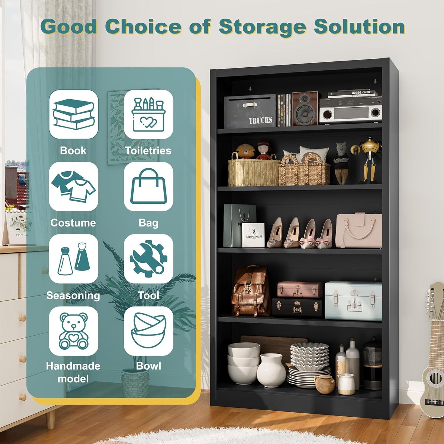 66"Heavy-Duty Steel Open Storage Cabinet with Adjustable Shelves, 6-Tier Shelving Unit, Easy Assembly Freestanding Organizer for Garage, Pantry,Office, Living Room (Black, 5 Tier-66"Hx 33"W x14"D)