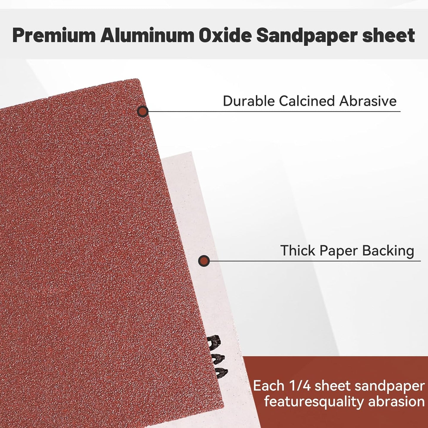 1/4 Sandpaper Sheet – 4-1/2” x 5-1/2”, P80 Grit, Red Aluminum Oxide, Plain Backing, 50-Pack – Sandpaper Sheets for Palm Sanders and Woodworking