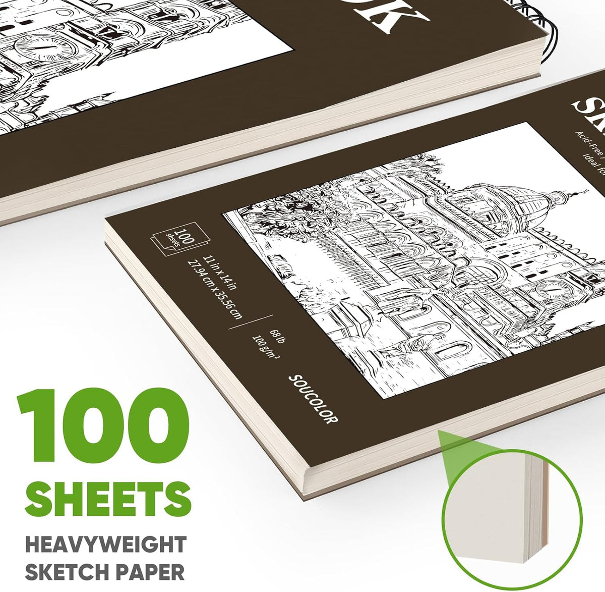Soucolor 11" x 14" Large Sketchbook, 100 Sheets 68lb/100gsm Top Spiral Bound Large Sketch Pad, Acid Free Big Sketch Paper for Drawing, Illustration, Art Class Students