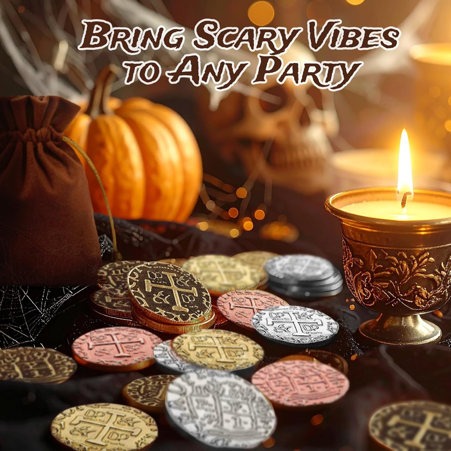 Large Metal Pirate Coins - 100 Bronze Treasure Coin Set, Metal Replica Spanish Doubloons for Pirate Party Decorations & Favors, Tokens, Toys, Cosplay - Pirate Treasure Chest, Diameter 7/8"