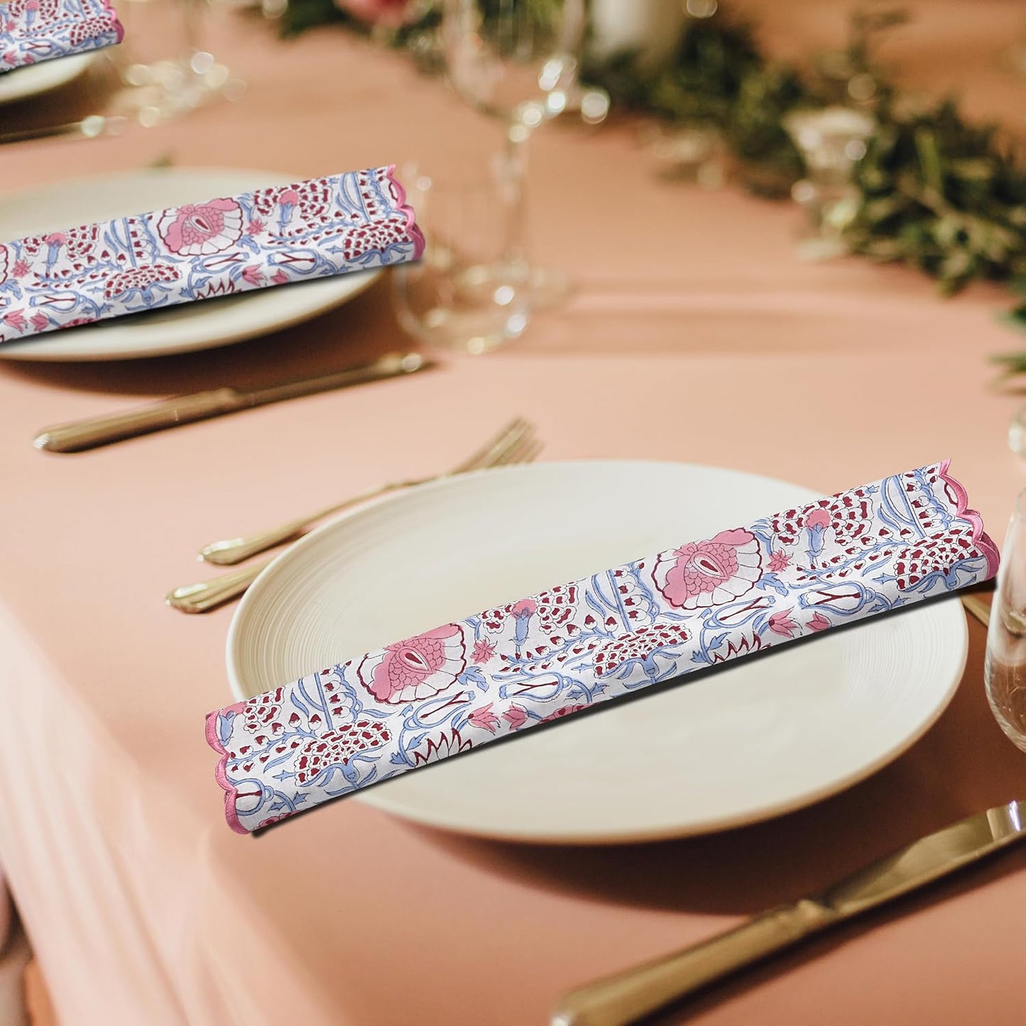 Ridhi Pigeon Blue Hand Block Print Napkins 18" x 18" Set of 4 Reusable Cotton Dinner Napkins for Weddings, Parties & Everyday Dining, Thanksgiving, Christmas, Fall