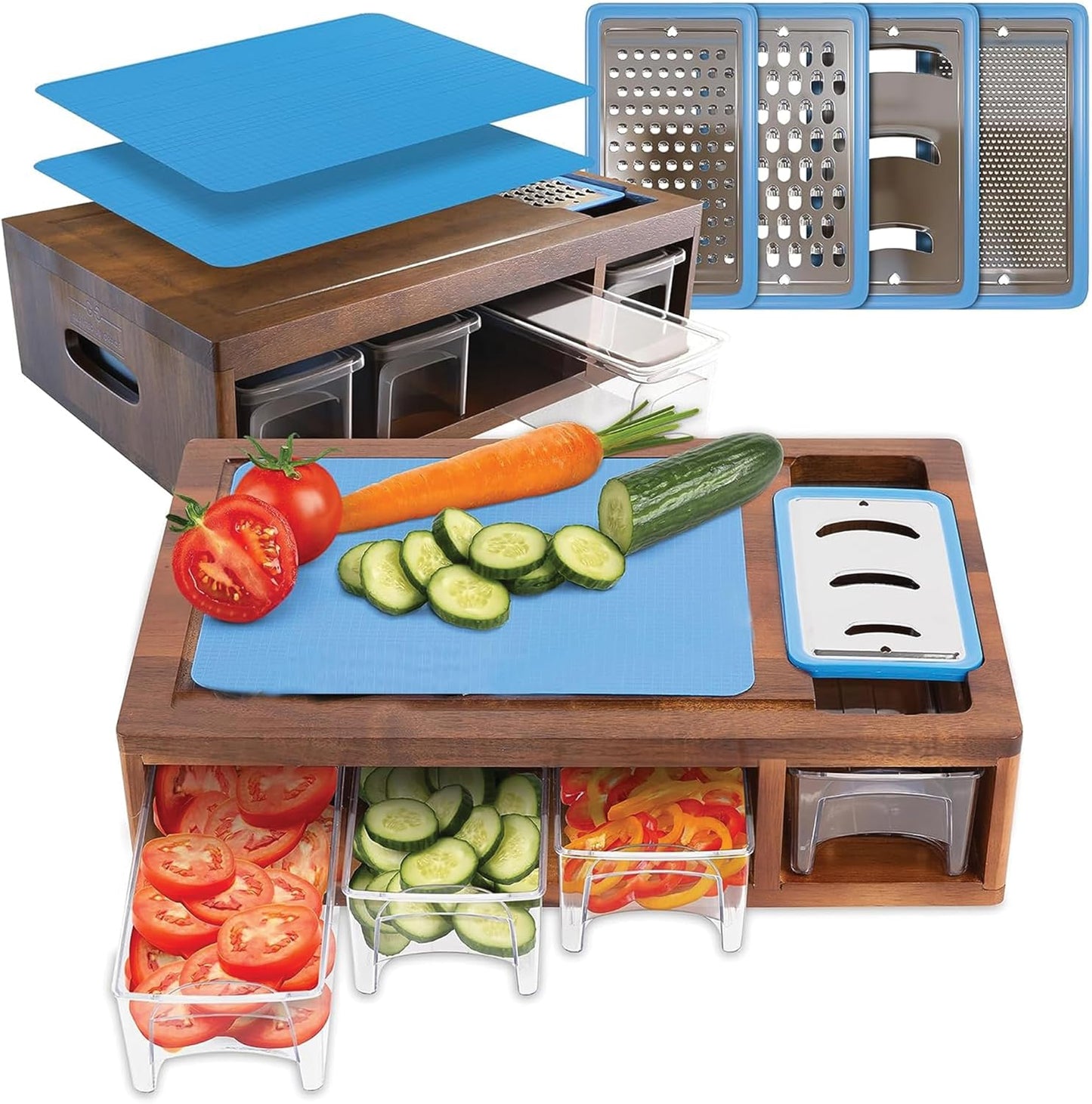 Acacia Cutting Board with Containers & Lids - Board Meal Prep System w 4 Graters, 2 Plastic Chopping Board for Meat, Juice Grooves & More - Cutting Board Prep Station for Kitchen
