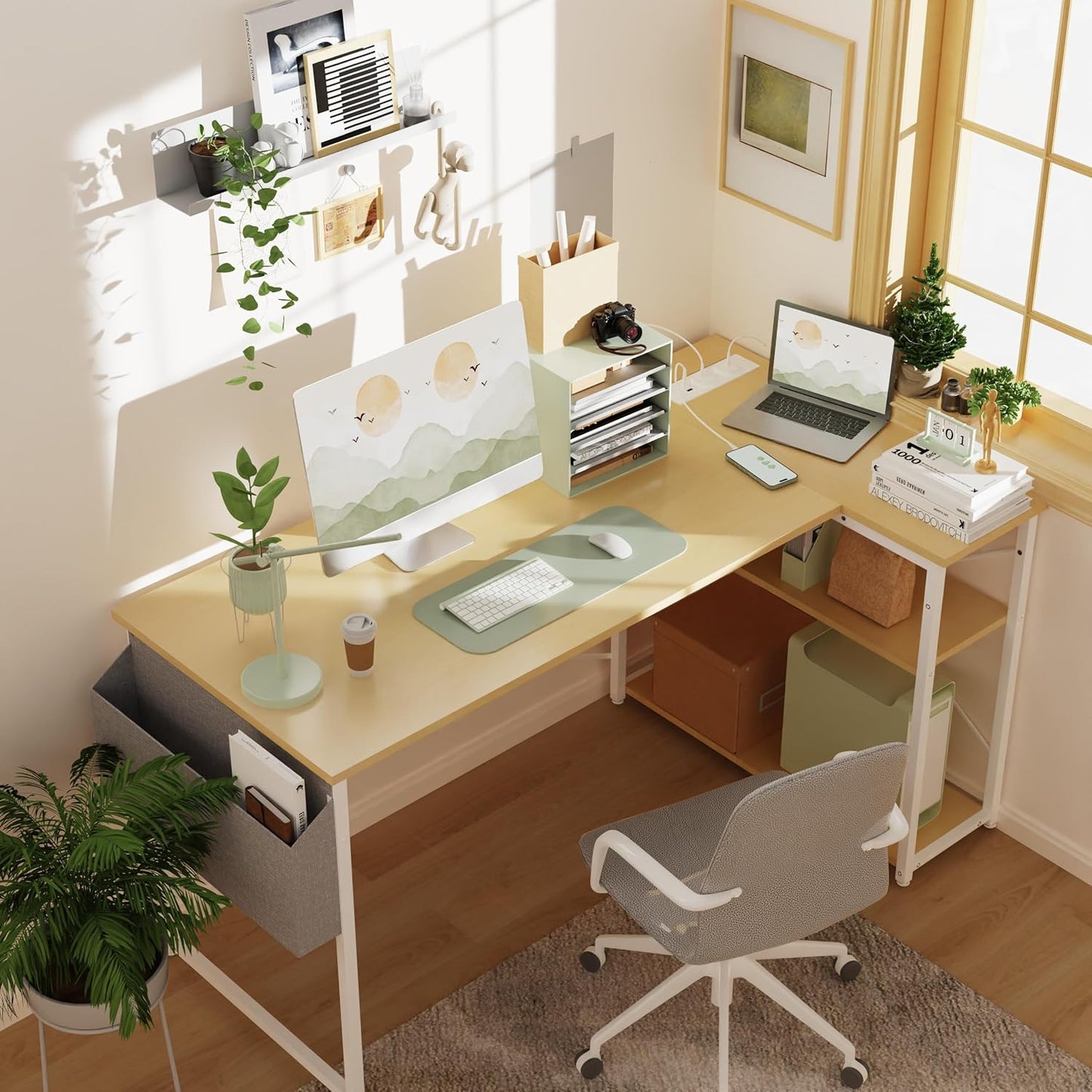 TIQLAB L-Shaped Computer Desk with Power Outlets - Reversible Shelves, 47 Inch Gaming & Study Desk in Beige