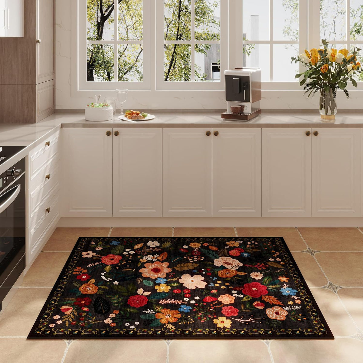 Rugcomf Door Mat Indoor Entrance 2x3 Rug Machine Washable Boho Floral Small Area Rug Non-Slip Low Pile Throw Rugs for Entryway, Kitchen, Front Door Indoor Entrance, Entry, Kids Room (Black)