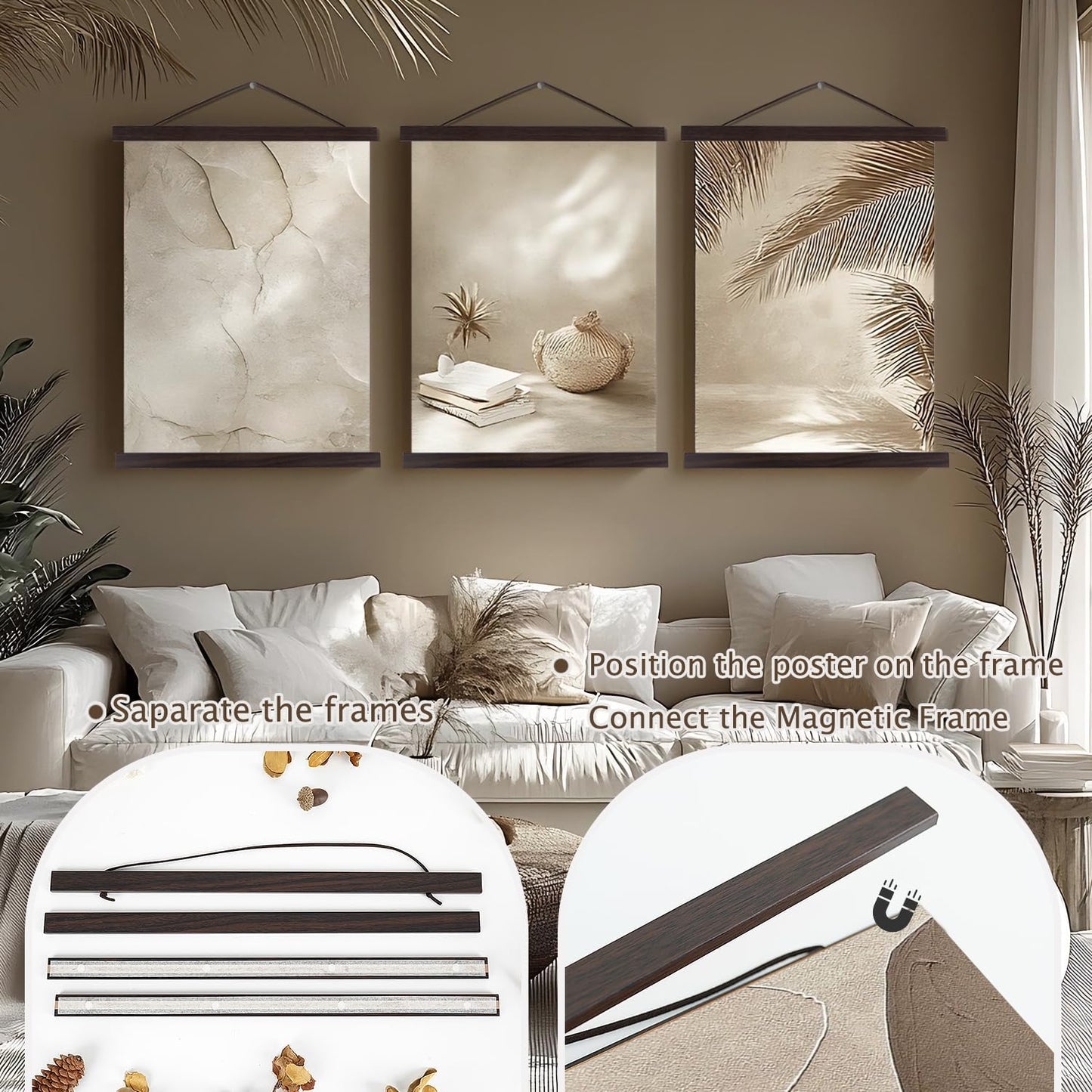 Artmag Magnetic Poster Hanger Frame, 33x24 33x23 33x47 Light Wood Wooden Magnet Canvas Artwork Print Poster Hangers Frames Hanging Kit (Walnut, 33")