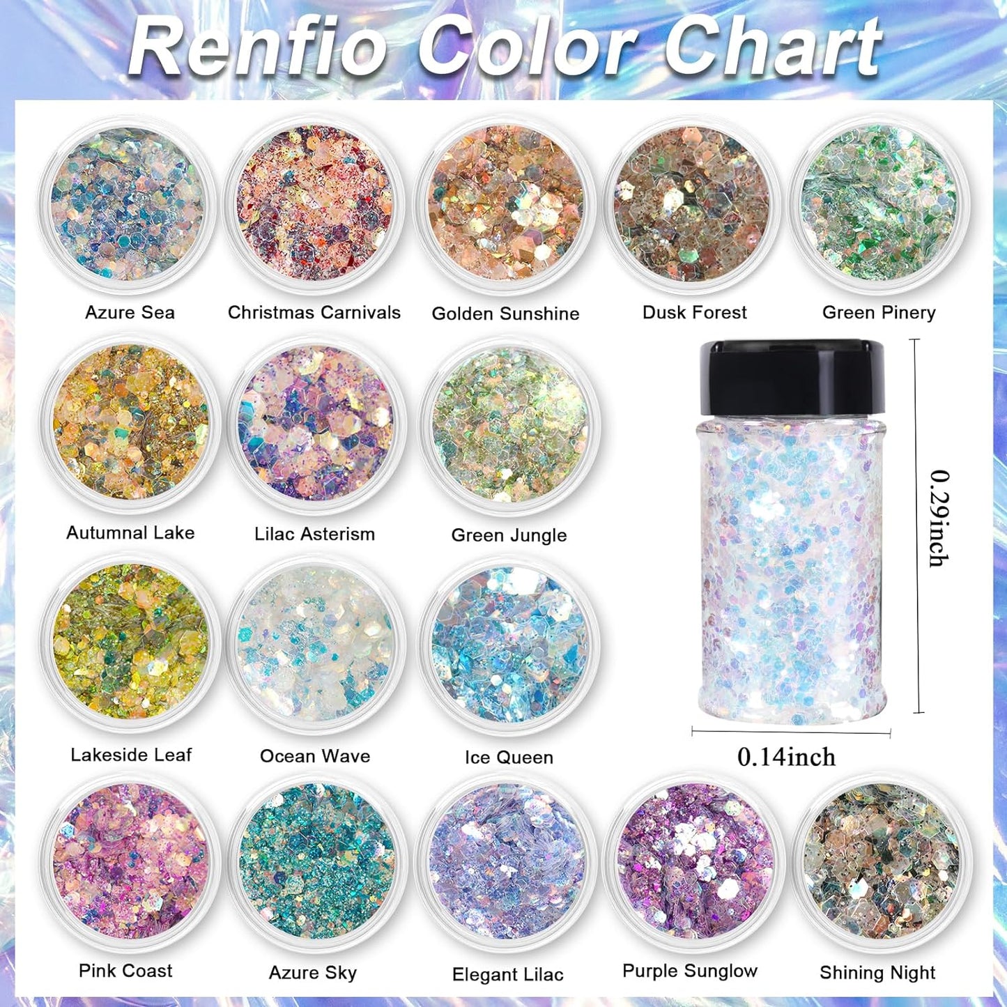 Renfio Opal Chunky Glitter, 1.75oz/50g Blue High Sparkle for Crafts - Holographic Fine Mix Iridescent Flakes for Resin, Nails, Art, Hair, DIY, Snow Globe - Azure Sky