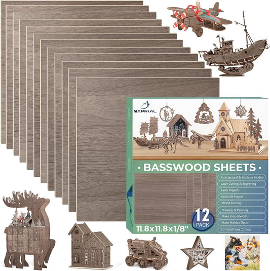 12 Pack 12x12x1/8 Inch Walnut Basswood Sheets, MAPRIAL Smooth 3mm Plywood for Laser Cutting, Unfinished Wood Board for Engraving, Wood Burning, Crafts, Ornaments, Models, Cutter, Engraver, Gifts