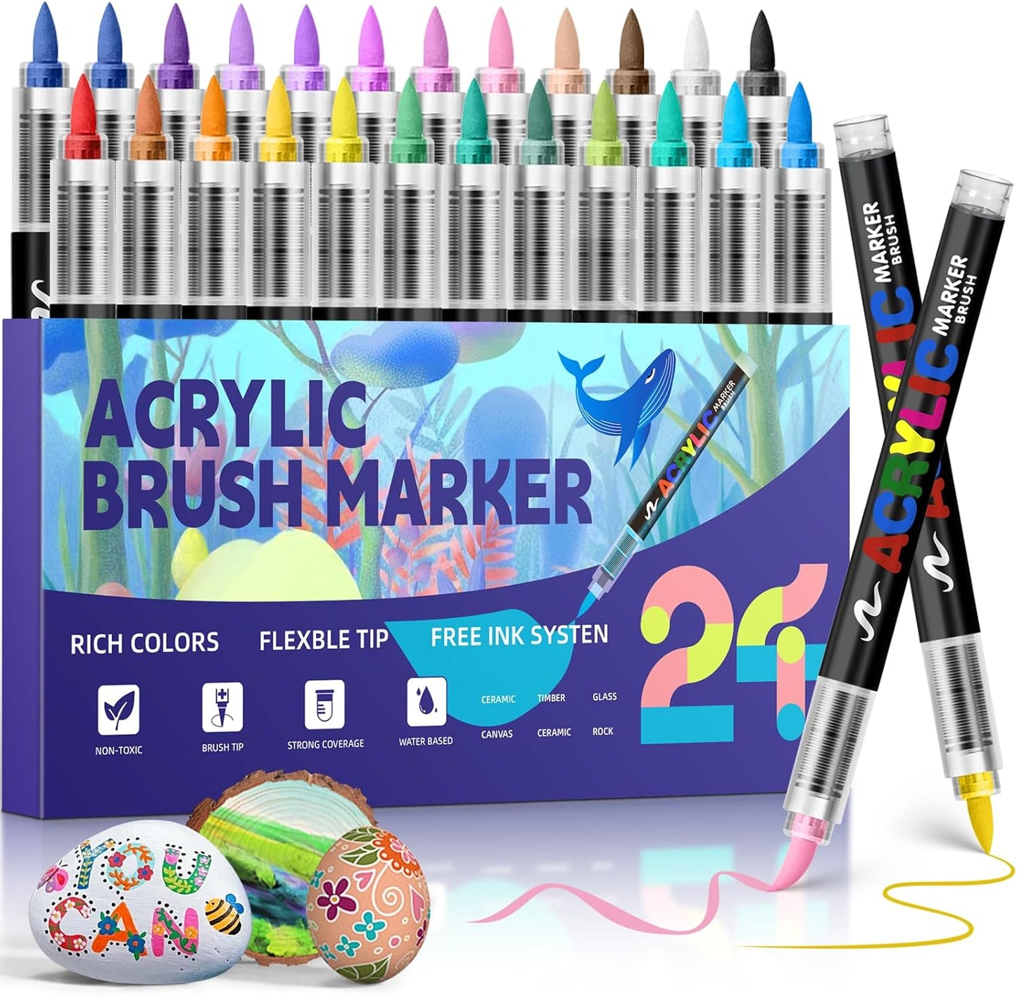 GOTIDEAL Acrylic Paint Markers Brush Tip,Waterproof Paint Pens acrylic Markers,No Bleed Acrylic Brush markers for Fabric,Wood,Rocks,Canvas Painting,Glass,Ceramic,Art Craft Supplies(24 Colors)