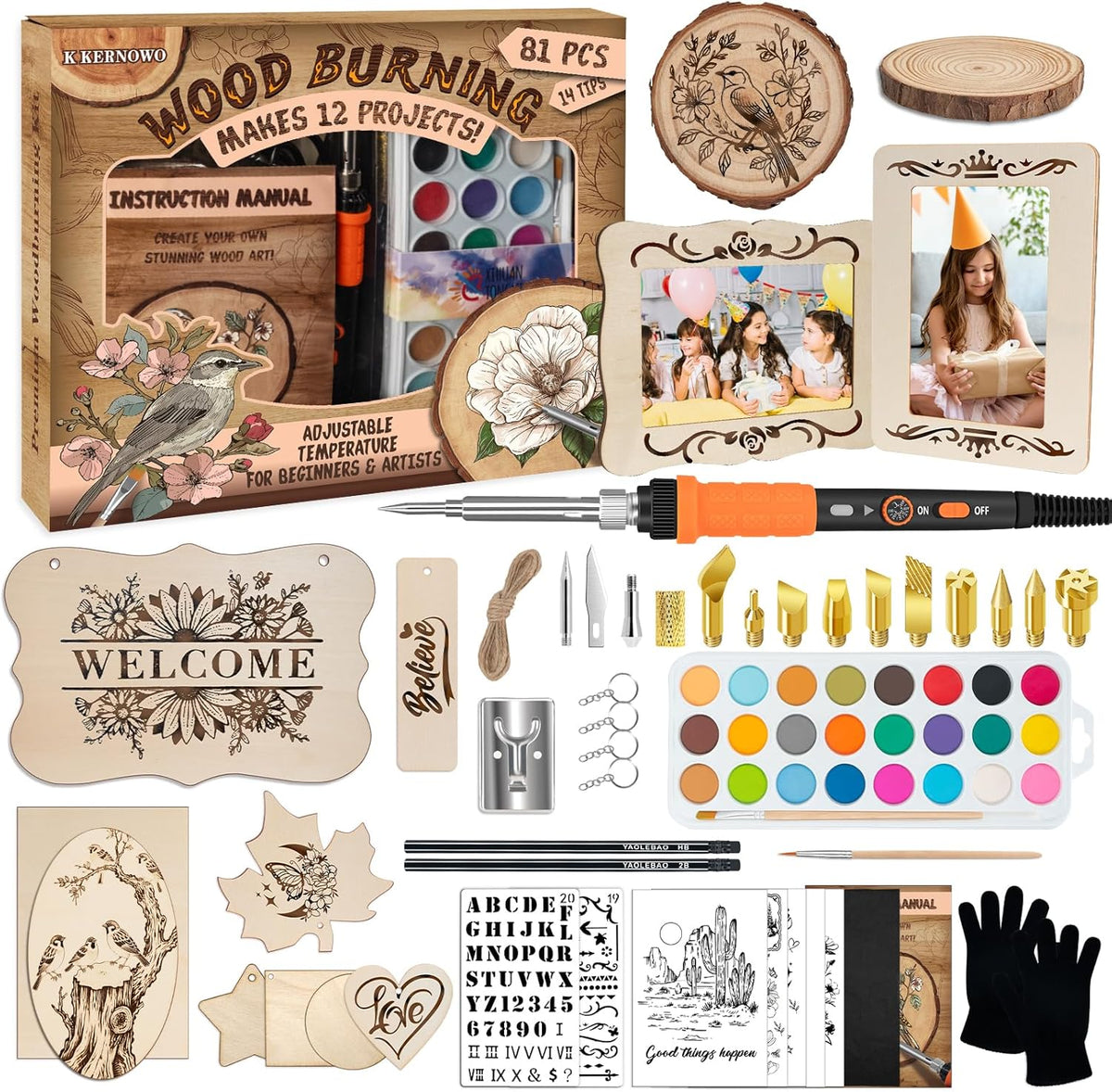 K KERNOWO Wood Burning Kit - 81Pcs All-in-One Wood Burning Tool Pen Adjustable Temperature Wood Burner Kit Crafts Gifts for Adults & Teens, Woodburning Kits for Beginner Pyrography