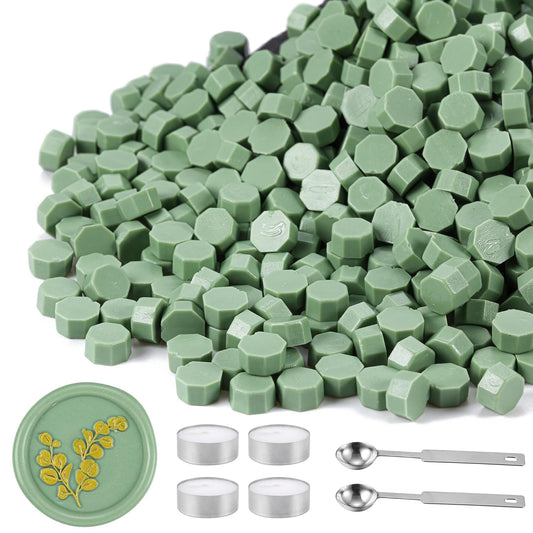 Yoption 360Pcs Sage Green Sealing Wax Beads, Sealing Wax Kit for Wax Seal Stamp, Hexagon Wax Seal Beads with 4Pcs Tea Candles and 2 Wax Seal Spoon