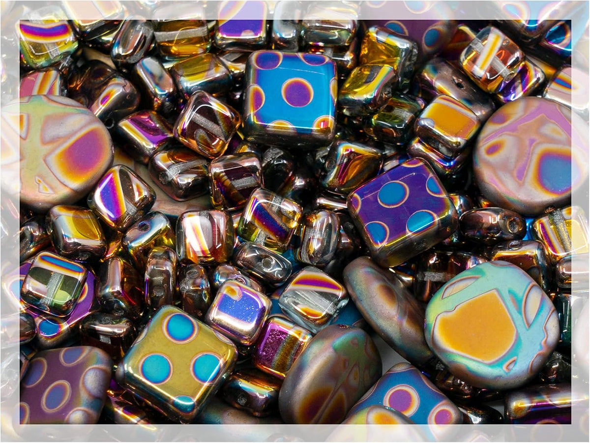 1.75 oz (50g) Mix of Unique Czech Bohemia Glass Pressed Beads, Violet Pink Vitrail Sliperit, Patterned, Matte and Glossy, Hand Made BCV