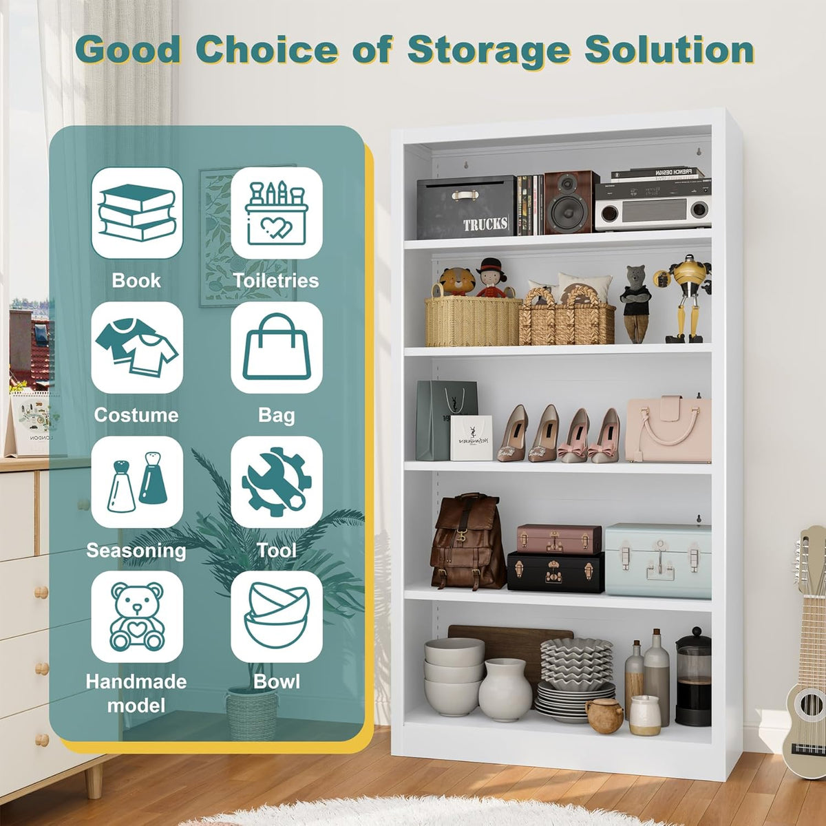 66"Heavy-Duty Steel Open Storage Cabinet with Adjustable Shelves, 6-Tier Shelving Unit, Easy Assembly Freestanding Organizer for Garage, Pantry,Office, Living Room (White, 5 Tier-66"Hx 33"W x14"D)