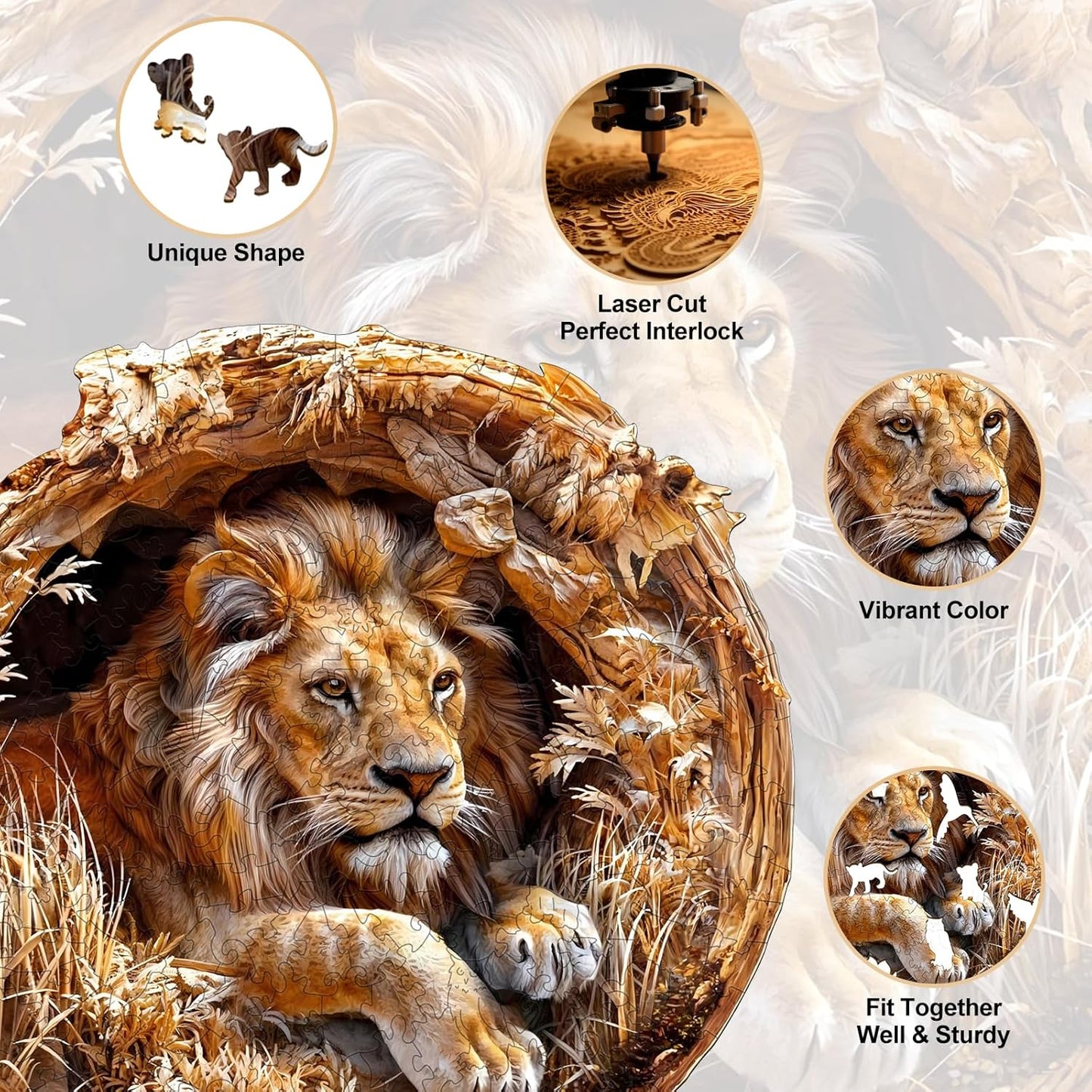 KAAYEE Wooden Puzzles for Adults, 3D Vision Effect Lion King Wooden Jigsaw Puzzles 200 PCS Unique Shape Wood Puzzle Adult, Birthday Father Mother Gifts for Puzzle Lover Family Game (M-11.4 * 11.4in)