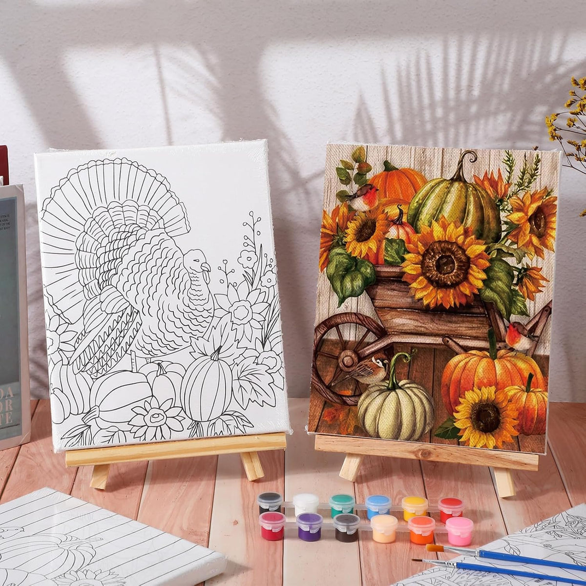 Zhanmai 12 Pack Pre Drawn Canvas for Painting Sip and Paint Kit 8" x 10" Paint Party Set Canvas Painting Pre Printed Canvases for Party Favor DIY Virtual Adult's Date Night(Fall Thanksgiving)