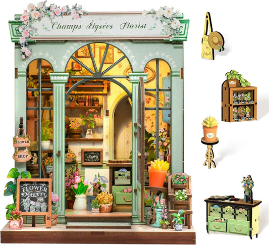 Cutefun Book Nook Kit - DIY Miniature Dollhouse Kit 3D Creative Decorative Bookend 3D Wooden Puzzle for Adults, Bookshelf Insert Room Decor with LED Light (Champs-Élysées Florist)