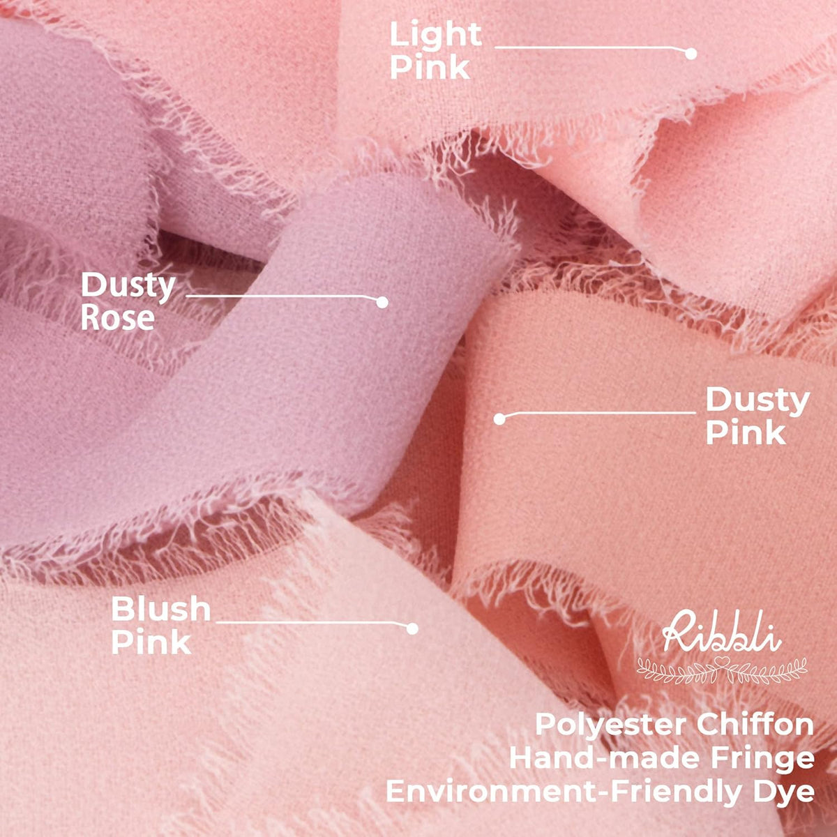 Ribbli Dusty Pink Chiffon Ribbon 1-1/2 inch x 20 Yard Handmade Fringe Chiffon Silk Ribbon for Wedding Invitations, Bridal Bouquets Wrapping, Flower Arrangement Decoration