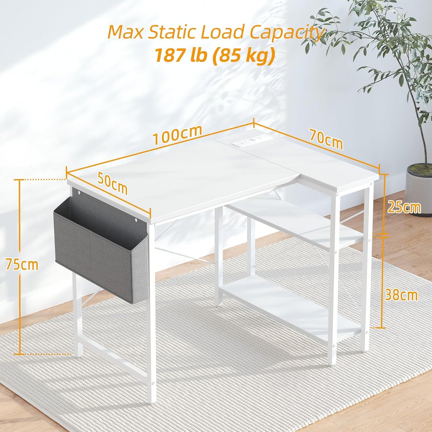 TIQLAB Small Computer Desk with Power Outlets, 40 Inch L Shaped Desk with Reversible Shelves, Gaming Desk Corner Desk Study Writing Desk for Home Office Bedroom Small Space, White