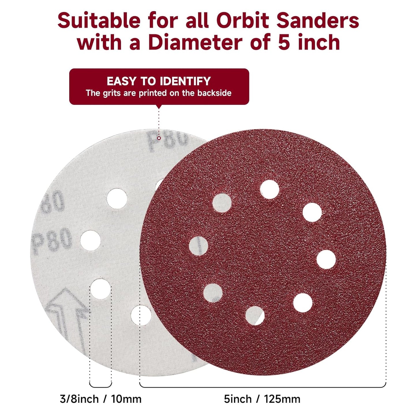 100 PCS 5 Inch Sanding Discs 220 Grit, Round Hook and Loop Sandpaper for Random Orbital Sander
